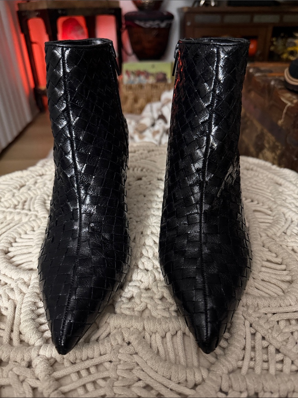 INC International Concepts Black Woven Pointed-Toe Ankle Booties